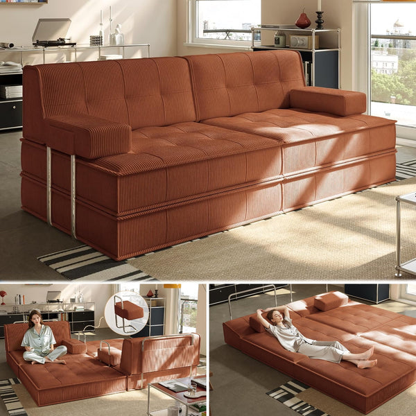Pipleo 81.5" Convertible Sleeper Sofa Bed, Oversized Corduroy Futon Sofa Bed with Fixed-Shape Frame and 2 Pillows, Multi-Functional Sofa for Living Room