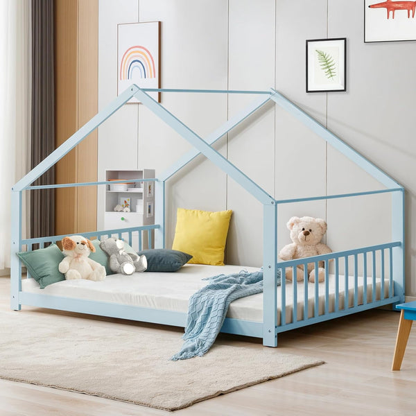 Blue Full Size Wood Floor Bed, Twin Size Low House Playhouse Bed with Headboard and Footboard, Toddler Floor Bed Frame for Boys, Girls, Easy Assembly, No Box Spring Needed