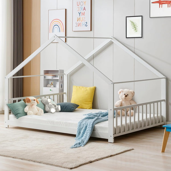 White Full Size Wood Floor Bed, Twin Size Low House Playhouse Bed with Headboard and Footboard, Toddler Floor Bed Frame for Boys, Girls, Easy Assembly, No Box Spring Needed