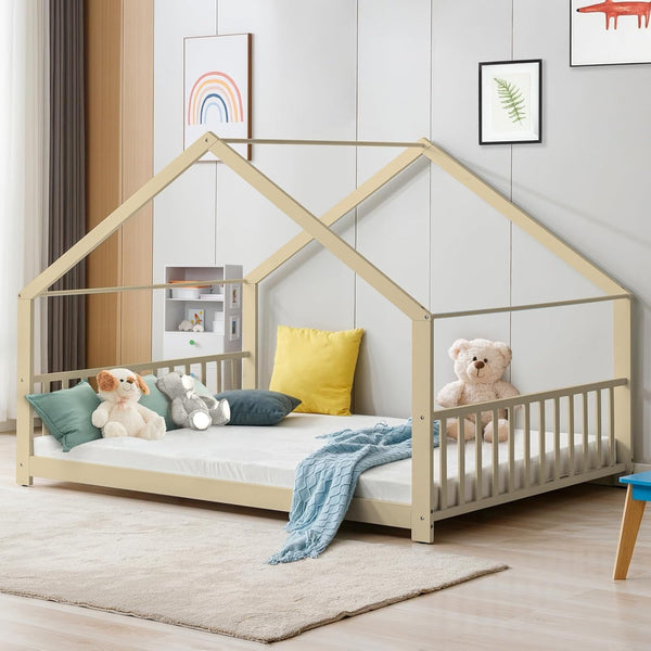 Twin Size Wood Floor Bed, Twin Size Low House Playhouse Bed with Headboard and Footboard, Toddler Floor Bed Frame for Boys, Girls, Easy Assembly, No Box Spring Needed