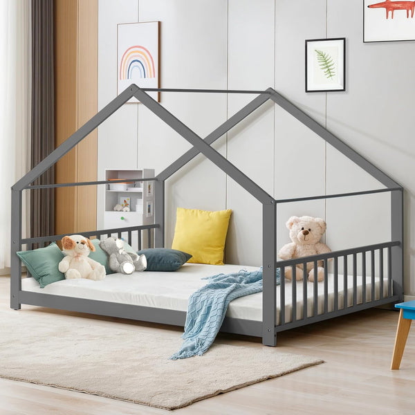 Gray Full Size Wood Floor Bed, Twin Size Low House Playhouse Bed with Headboard and Footboard, Toddler Floor Bed Frame for Boys, Girls, Easy Assembly, No Box Spring Needed
