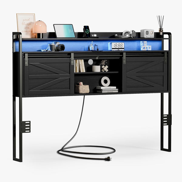 Headboard Queen Size, 3-Tier Storage Headboard with Outlets, USB Ports and LED Light, Queen Headboard Only with Sliding Barn Doors, Width Adjustable, Queen Headboard for Queen Size Beds