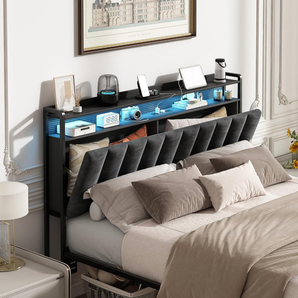ICEELF Queen Upholstered Headboard with Hidden Storage, USB Charging Station, LED Lights - Adjustable Height, Easy Assembly
