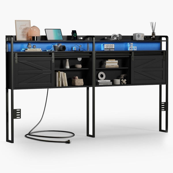 King Size Headboard with Storage, 3-Tier King Headboard with Outlets, USB Ports and LED Light, Storage King Size Headboard Only with Sliding Barn Doors, Width Adjustable