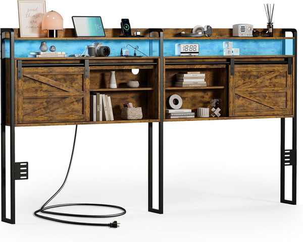 King Size Headboard with Storage, 3-Tier King Headboard with Outlets, USB Ports and LED Light, Storage King Size Headboard Only with Sliding Barn Doors, Width Adjustable