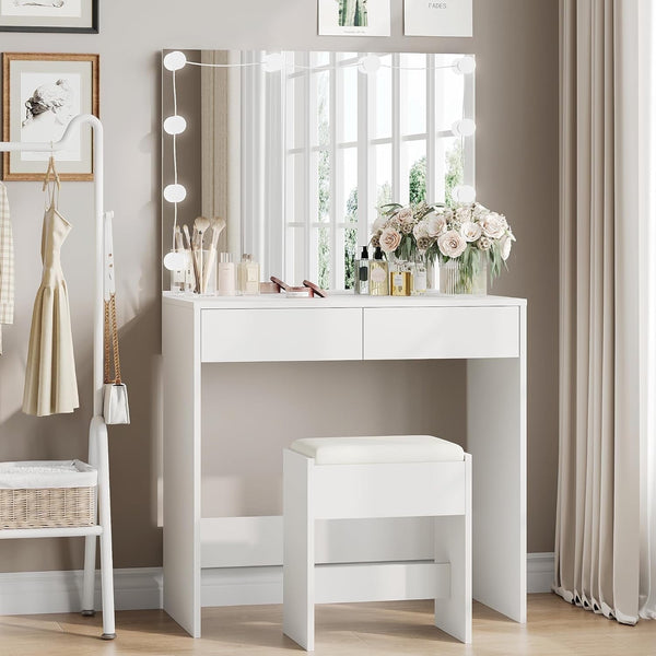 Pipleo Modern Vanity Desk with Mirror and Lights, White, 1 Piece, Adult