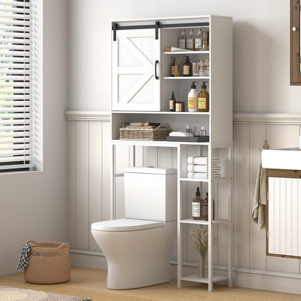 Over The Toilet Storage Cabinet, 32.3''W Farmhouse Storage Cabinet Over Toilet with Sliding Door, Adjustable Bottom Bar, Freestanding Space Saver Toilet Rack for Bathroom, Laundry