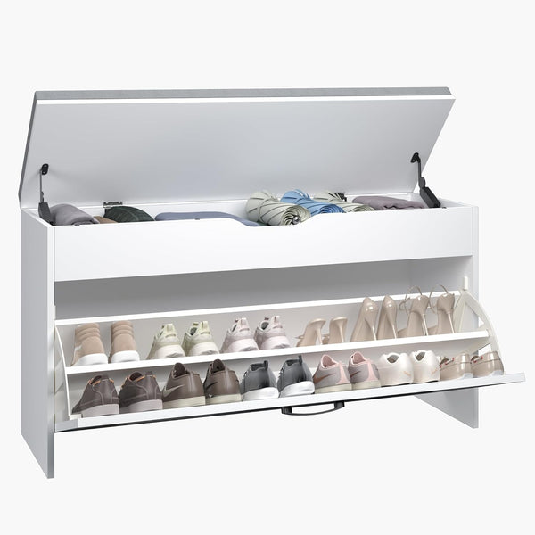 Shoe Storage Bench with Padded Cushion, Entryway Bench with Flip Drawer & Flip-Open Storage Box, Shoe Bench for Entryway, Bedroom, Hallway, Living Room