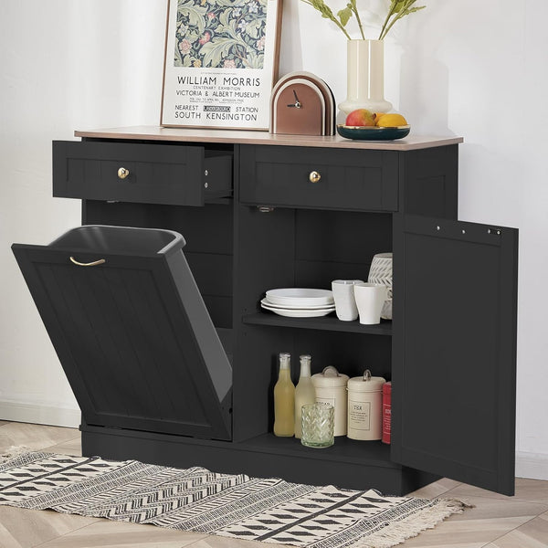 Tilt Out Trash Cabinet 10 Gallon, Kitchen Trash Can Cabinet with Adjustable Shelf & 2 Drawers, Freestanding Trash Cabinet, Recycling Cabinet for Laundry, Living Room, Bathroom