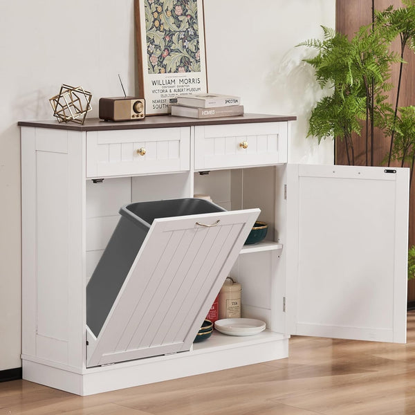 Tilt Out Trash Cabinet 10 Gallon, Kitchen Trash Can Cabinet with Adjustable Shelf & 2 Drawers, Freestanding Trash Cabinet, Recycling Cabinet for Laundry, Living Room, Bathroom