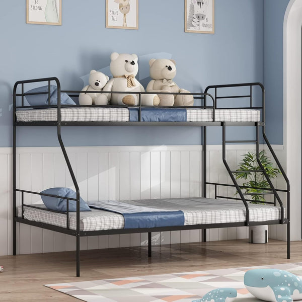 Twin Over Full Bunk Bed Frame, Bunk Beds Twin Over Full with Guardrail & Ladder for Boys, Girls, Teens, Space-Saving, No Box Spring Needed, Noise Free