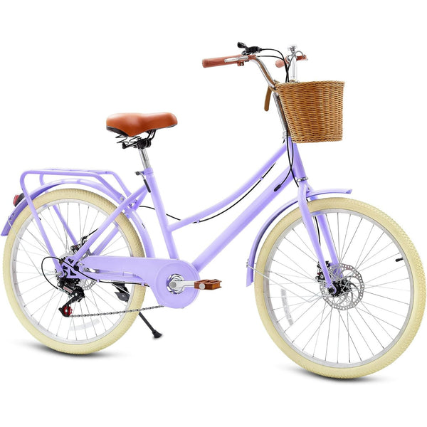 Kids Bike for Girls, Akaber 24 Inch Kids Bicycles for 6-15, 7-Speed Retro Cruiser with Rattan Basket, Lightweight Carbon Steel Frame, Dual Disc Brakes