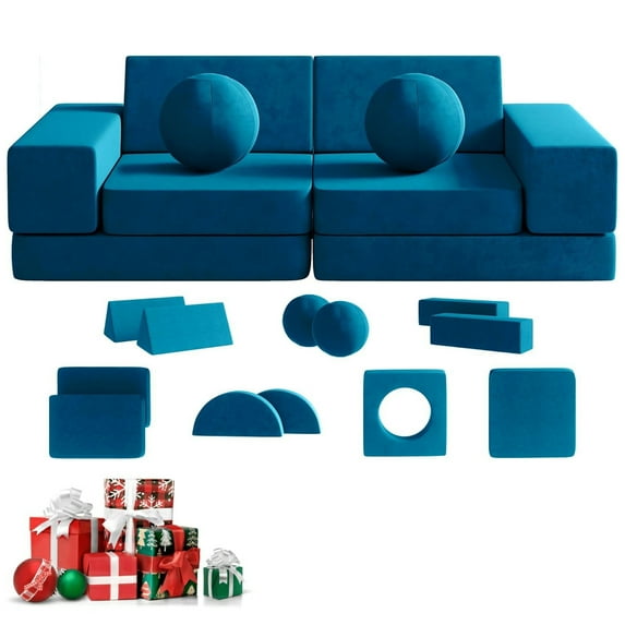Kids Couch, 12PCS Toddler Couches Fold Out with 2 Balls and Tunnel, Modular Kids Couch for Playroom, Kids Sofa Play Couch for Kickball Game, Pitching Game, 30+ Creative Gameplay Couch for Kids
