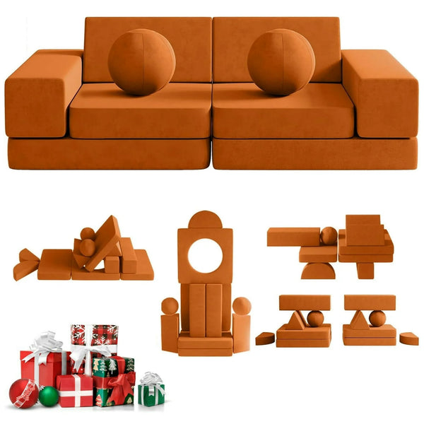Kids Couch, 12PCS Toddler Couches Fold Out with 2 Balls and Tunnel, Modular Kids Couch for Playroom, Kids Sofa Play Couch for Kickball Game, Pitching Game, 30+ Creative Gameplay Couch for Kids
