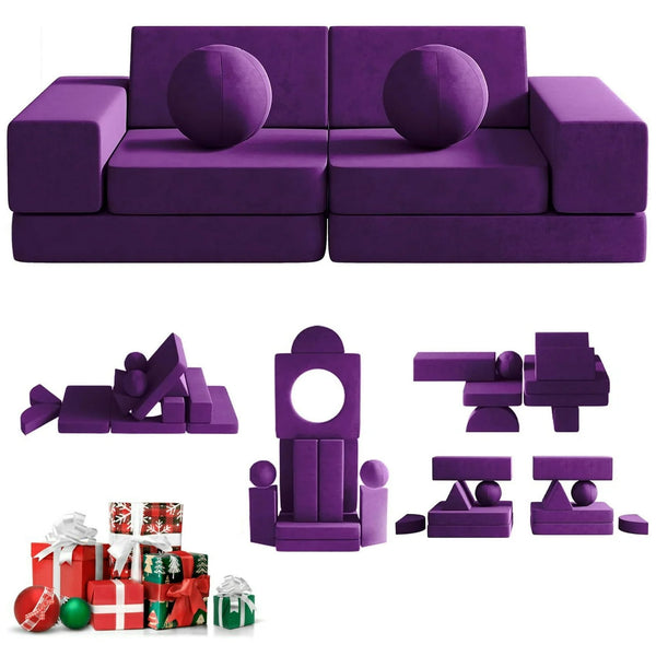 Kids Couch, 12PCS Toddler Couches Fold Out with 2 Balls and Tunnel, Modular Kids Couch for Playroom, Kids Sofa Play Couch for Kickball Game, Pitching Game, 30+ Creative Gameplay Couch for Kids