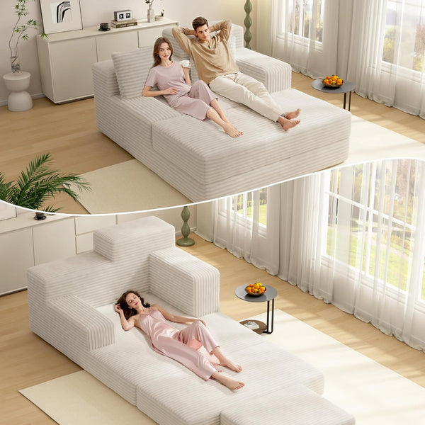Oversized Chaise Lounge Chair Furniture Indoor, No Assembly Required, Pipleo 60" Sofa Bed Sleeper, High-Density Foam Cloud Couch with Dual-Height Armrests and 2 Pillows for Living Room, Bedroom