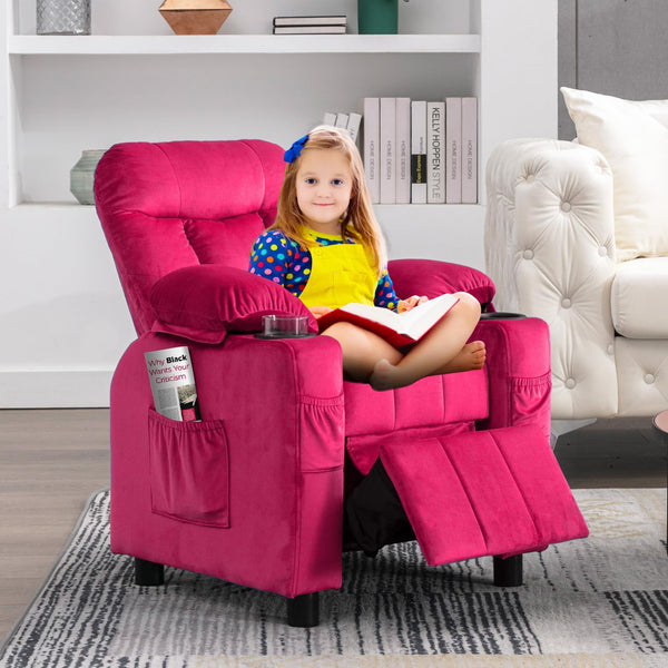 Wanan Kids Recliner Chair, Modern Velvet Lounge with Cup Holder, Footrest, Side Pockets, Gray