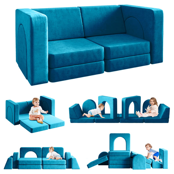 Kids Sofa Couch 10PCS, Linor Modular Toddler Couch for Playroom, Dutch Velvet Multifunctional Play Couch Sofa for Kids, Blue