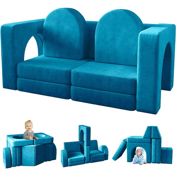 Kids Sofa Couch 10PCS, Linor Modular Toddler Couch for Playroom, Dutch Velvet Multifunctional Play Couch Sofa for Kids, Blue