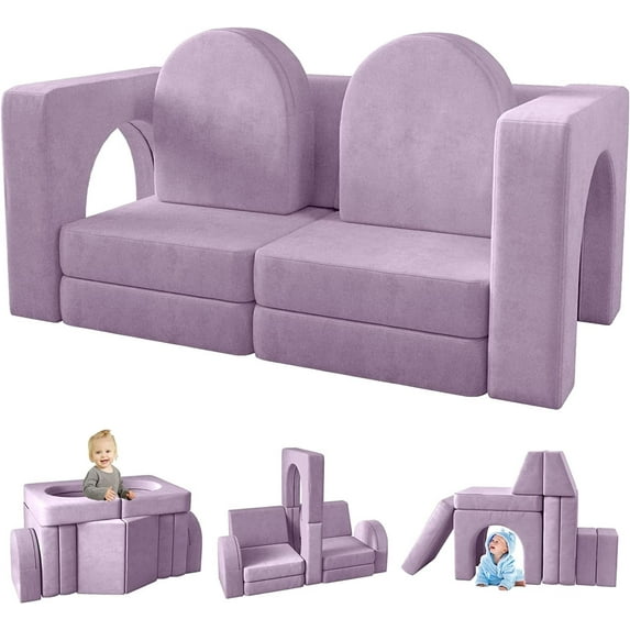 Kids Sofa Couch 10PCS, Linor Modular Toddler Couch for Playroom, Dutch Velvet Multifunctional Play Couch Sofa for Kids, Blueberry