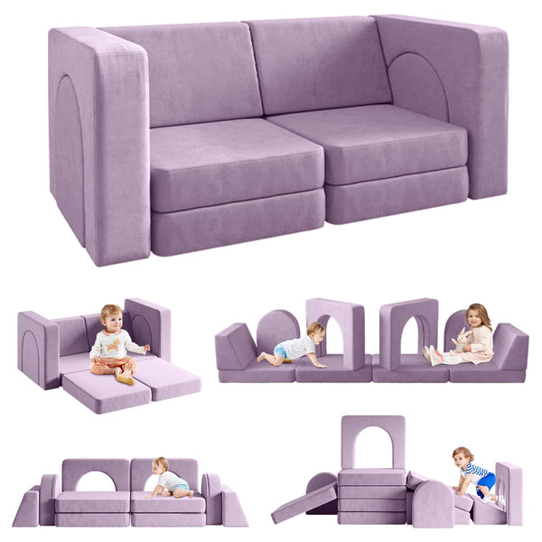 Kids Sofa Couch 10PCS, Linor Modular Toddler Couch for Playroom, Dutch Velvet Multifunctional Play Couch Sofa for Kids, Blueberry
