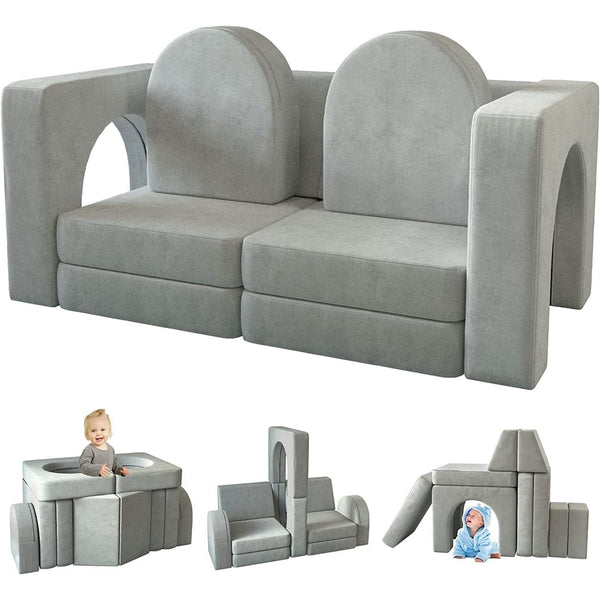 Kids Sofa Couch 10PCS, Linor Modular Toddler Couch for Playroom, Dutch Velvet Multifunctional Play Couch Sofa for Kids, Gray