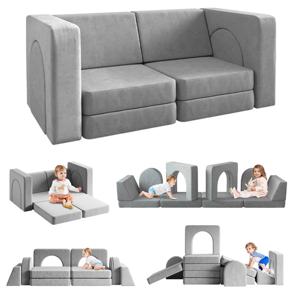 Kids Sofa Couch 10PCS, Linor Modular Toddler Couch for Playroom, Dutch Velvet Multifunctional Play Couch Sofa for Kids, Gray