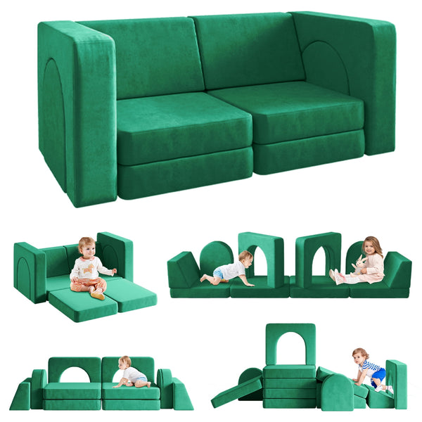 Kids Sofa Couch 10PCS, Linor Modular Toddler Couch for Playroom, Dutch Velvet Multifunctional Play Couch Sofa for Kids, Green