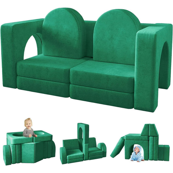 Kids Sofa Couch 10PCS, Linor Modular Toddler Couch for Playroom, Dutch Velvet Multifunctional Play Couch Sofa for Kids, Green
