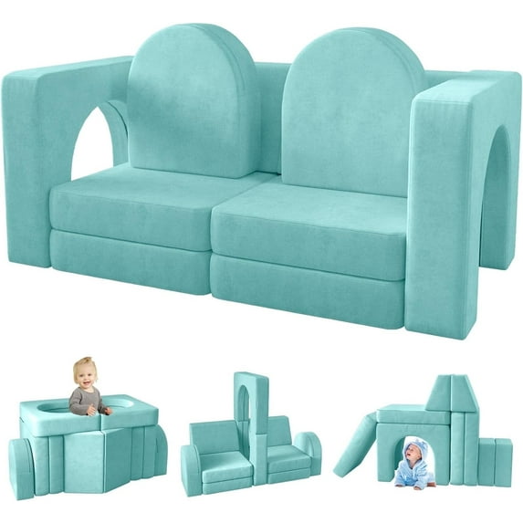 Kids Sofa Couch 10PCS, Linor Modular Toddler Couch for Playroom, Dutch Velvet Multifunctional Play Couch Sofa for Kids, Ice-Snow Blue
