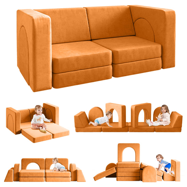Kids Sofa Couch 10PCS, Linor Modular Toddler Couch for Playroom, Dutch Velvet Multifunctional Play Couch Sofa for Kids, Light Brown