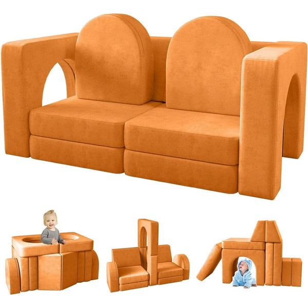 Kids Sofa Couch 10PCS, Linor Modular Toddler Couch for Playroom, Dutch Velvet Multifunctional Play Couch Sofa for Kids, Light Brown