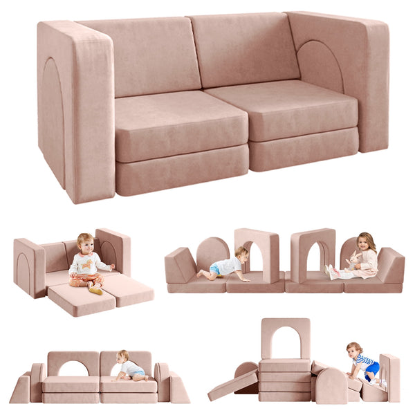 Kids Sofa Couch 10PCS, Linor Modular Toddler Couch for Playroom, Dutch Velvet Multifunctional Play Couch Sofa for Kids, Light Pink