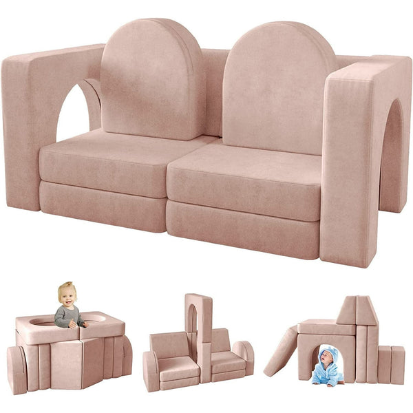 Kids Sofa Couch 10PCS, Linor Modular Toddler Couch for Playroom, Dutch Velvet Multifunctional Play Couch Sofa for Kids, Light Pink