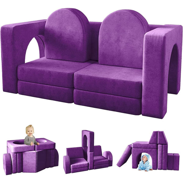 Kids Sofa Couch 10PCS, Linor Modular Toddler Couch for Playroom, Dutch Velvet Multifunctional Play Couch Sofa for Kids, Purple
