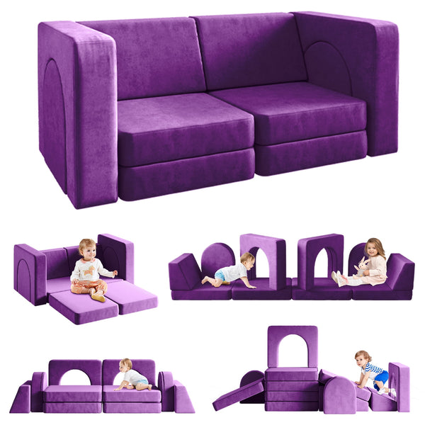 Kids Sofa Couch 10PCS, Linor Modular Toddler Couch for Playroom, Dutch Velvet Multifunctional Play Couch Sofa for Kids, Purple