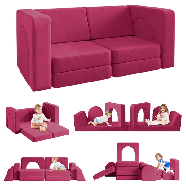 Kids Sofa Couch 10PCS, Linor Modular Toddler Couch for Playroom, Dutch Velvet Multifunctional Play Couch Sofa for Kids, Rose Red