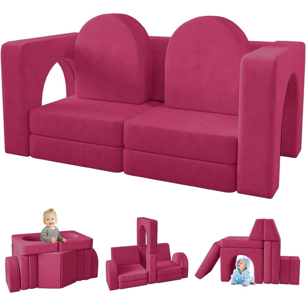 Kids Sofa Couch 10PCS, Linor Modular Toddler Couch for Playroom, Dutch Velvet Multifunctional Play Couch Sofa for Kids, Rose Red