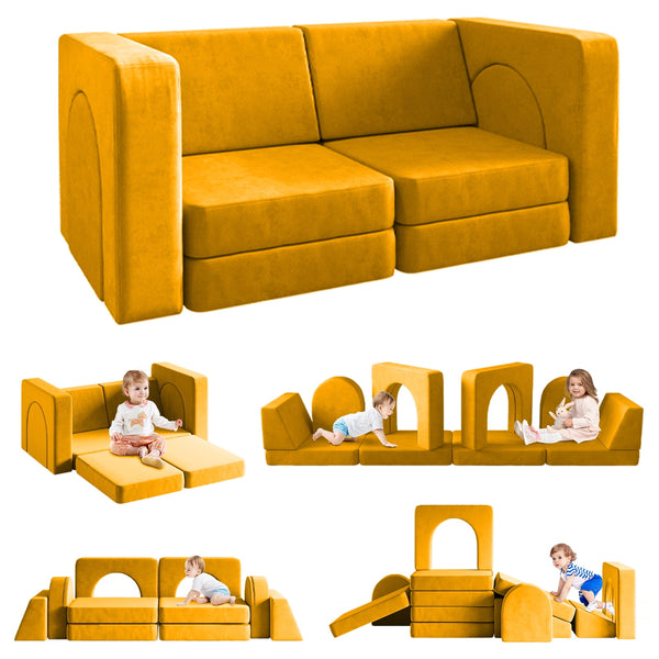 Kids Sofa Couch 10PCS, Linor Modular Toddler Couch for Playroom, Dutch Velvet Multifunctional Play Couch Sofa for Kids, Yellow