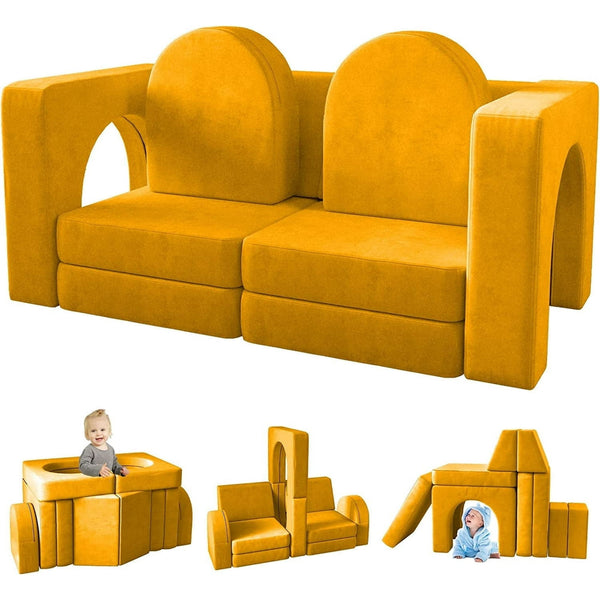 Kids Sofa Couch 10PCS, Linor Modular Toddler Couch for Playroom, Dutch Velvet Multifunctional Play Couch Sofa for Kids, Yellow