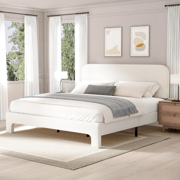 King Size Bed Frame, Pipleo Upholstered Bed Frame with Rounded Corners, Adjustable Bed Frame in Modern Style, Heavy Duty Mattress Foundation, Noise-Free, Easy Assembly, Cream