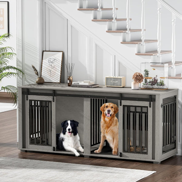 Large Dog Crate Furniture for 2 Dogs, Upgrade 71" Pro XXL Sliding Door Heavy Duty Dog Kennel Furniture with Divider, Steel Frame Indoor Double Dog Crate for Large Medium Small Dogs, Light Grey