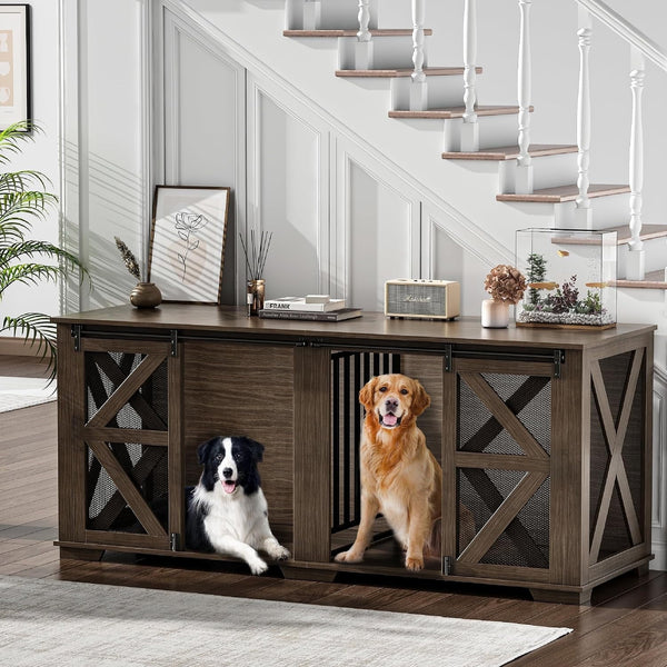 Large Dog Crate Furniture Indoor for 2 Dogs, 70'' Farmhouse Steel Frame Wooden Dog Kennel with Adjustable Division Board and Sliding Doors for Small Medium Large Dogs (Dark Walnut)