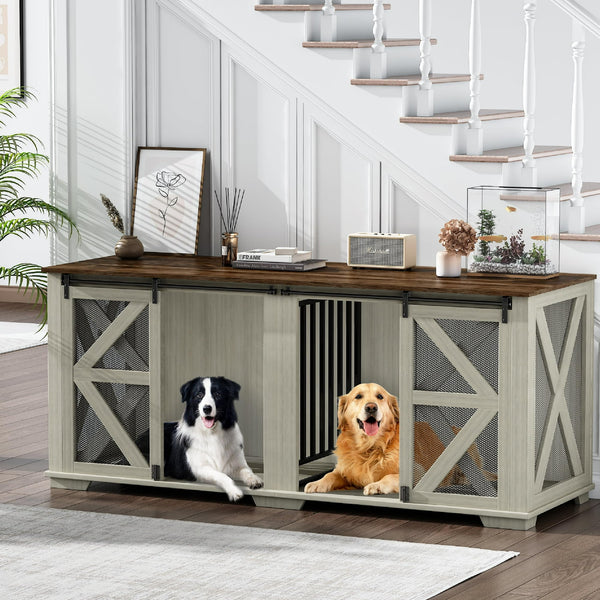 Large Dog Crate Furniture Indoor for 2 Dogs, 70'' Farmhouse Steel Frame Wooden Dog Kennel with Adjustable Division Board and Sliding Doors for Small Medium Large Dogs (Light Oak)
