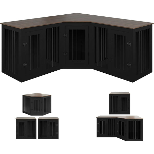 Large Dog Crate Furniture for 3 Dogs, Corner Dog Crate with Divider, 3 in 1 Heavy Duty Indoor Wooden Dog Kennel Furniture