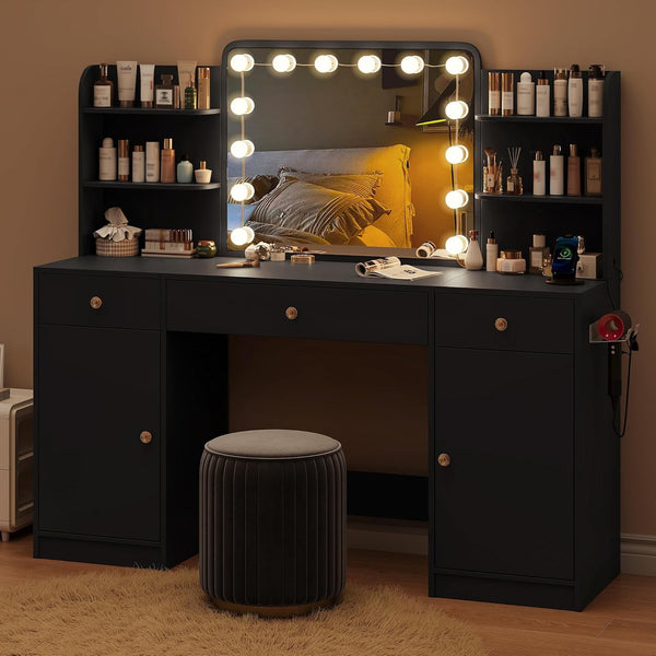 Large Vanity Desk with Mirror, Lights, Charging Station, Wanan 58.27" Big Makeup Vanity Table with 14-Bulb, 3 Color Lighting Modes, Black Dressing Table with Lights