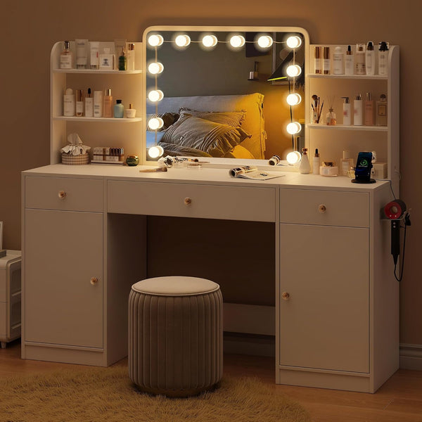 Large Vanity Desk with Mirror, Lights, Charging Station, Wanan 58.27" Big Makeup Vanity Table with 14-Bulb, 3 Color Lighting Modes, White Dressing Table with Lights