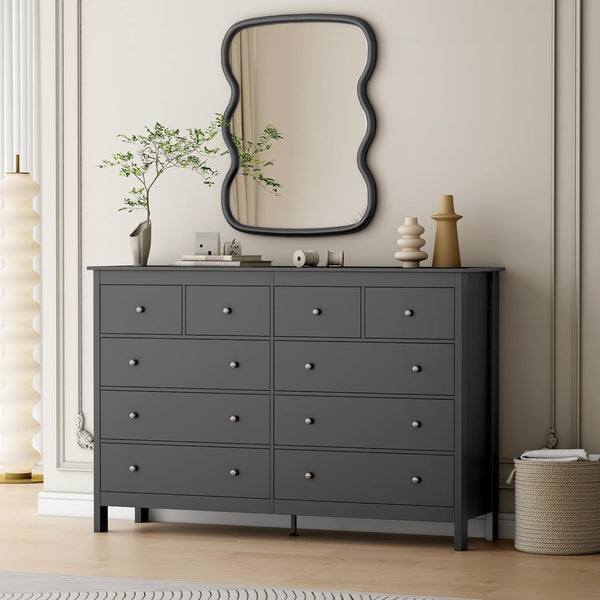 Linor 10 Drawer Dresser, 55" Modern White Dressers, Chest of Drawers, Wooden Wide Dresser for Bedroom, Living Room, Black