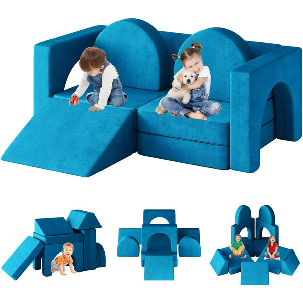 Linor 10PCS Modular Kids Play Couch, Kids Couch with Climbing Slope, Toddler Couch for Playing, Creating, Sleeping, Indoor Kids Sofa for Boys and Girls, Blue