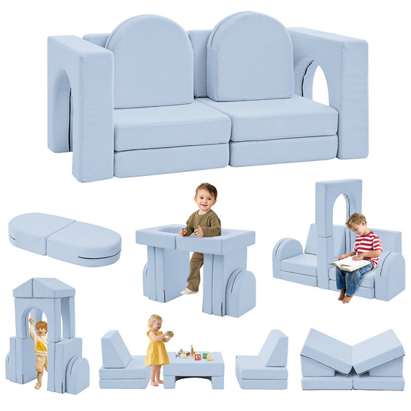 Linor 10PCS Modular Kids Play Couch, Kids Couch with Climbing Slope, Toddler Couch for Playing, Creating, Sleeping, Indoor Kids Sofa for Boys and Girls, Blue